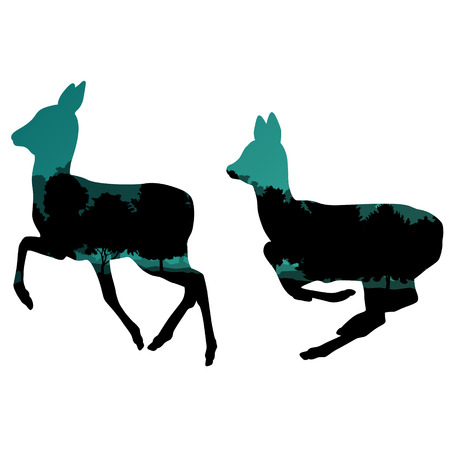 Doe venison deer animal silhouettes in wild nature forest landscape abstract background illustration vectorのイラスト素材