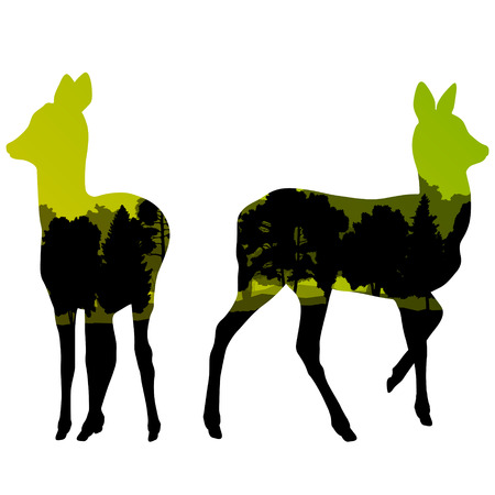 Doe venison deer animal silhouettes in wild nature forest landscape abstract background illustration vectorのイラスト素材