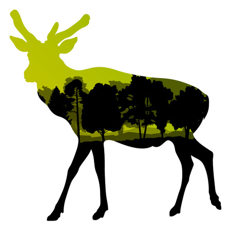Deer wild animal silhouette in nature forest landscape abstract background illustration vectorのイラスト素材