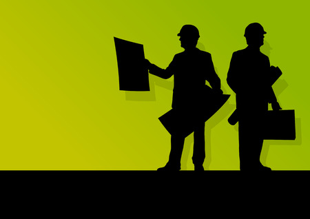 Construction engineers in safety helmets in industrial concept vector background illustration for posterのイラスト素材