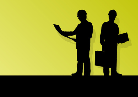 Construction engineers in safety helmets in industrial concept vector background illustration for posterのイラスト素材