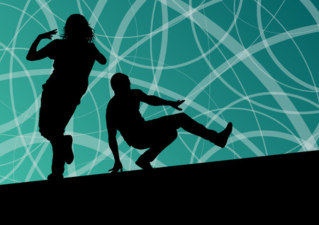 Active young man and woman street break dancers silhouettes in abstract line background illustration vectorのイラスト素材