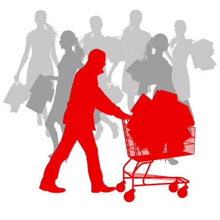 Women with shopping bags and man with shopping cart vector background abstract sale conceptのイラスト素材