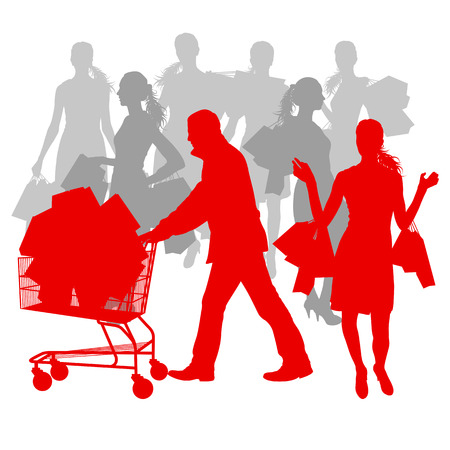 Women with shopping bags and man with shopping cart vector background abstract sale conceptのイラスト素材