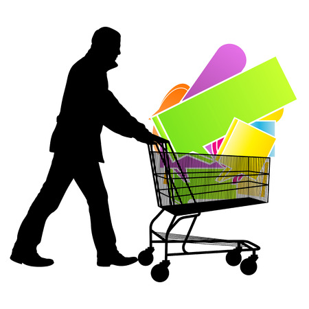 Shopping cart with speech bubbles sale concept vector background for posterのイラスト素材