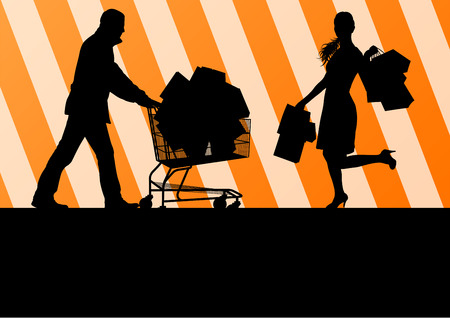 Women with shopping bags and man with shopping cart vector background abstract conceptのイラスト素材