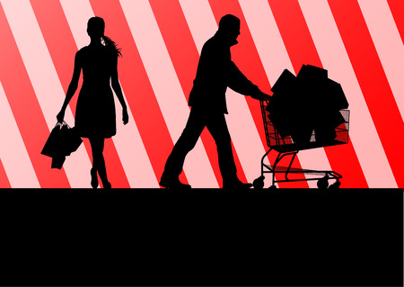 Women with shopping bags and man with shopping cart vector background abstract conceptのイラスト素材