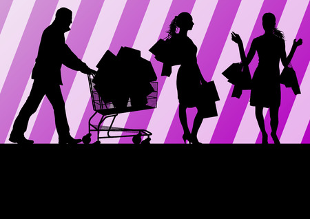 Women with shopping bags and man with shopping cart vector background abstract conceptのイラスト素材