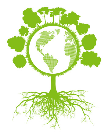 Tree world globe ecology vector background concept with roots for posterのイラスト素材
