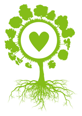 Tree world globe ecology vector background concept with roots and heart for posterのイラスト素材