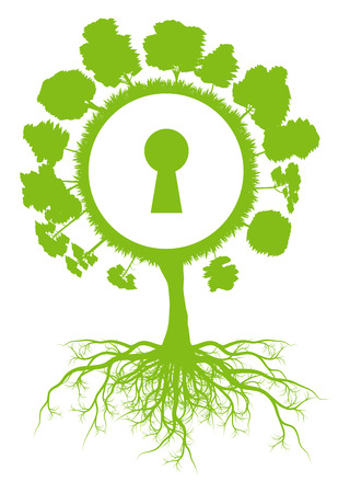 Tree world globe ecology vector background concept with roots and keyhole for posterのイラスト素材