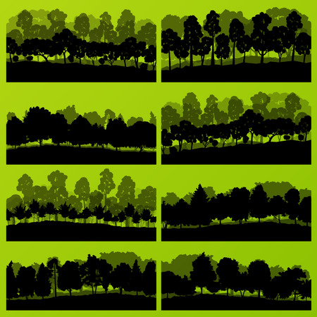 Forest trees silhouettes natural wild landscape detailed illustration background vectorのイラスト素材