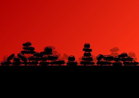 Old used automobile cars metal scrapyard graveyard landscape in industrial metal recyclable ecology concept vector background illustrationのイラスト素材