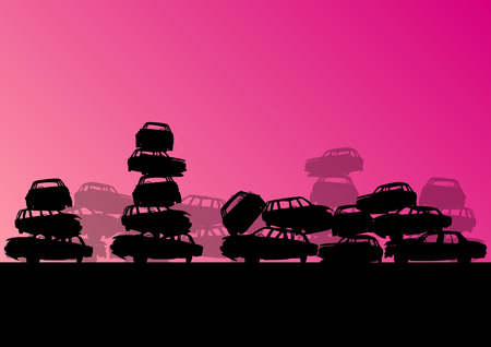 Old used automobile cars metal scrapyard graveyard landscape in industrial metal recyclable ecology concept vector background illustrationのイラスト素材