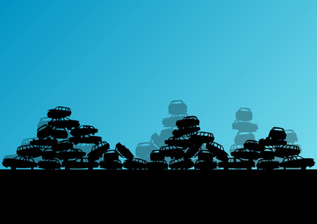 Old used automobile cars metal scrapyard graveyard landscape in industrial metal recyclable ecology concept vector background illustrationのイラスト素材