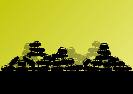 Old used automobile cars metal scrapyard graveyard landscape in industrial metal recyclable ecology concept vector background illustrationのイラスト素材