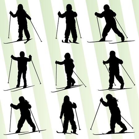 Active children, kid skiing set sport silhouette vector background conceptのイラスト素材