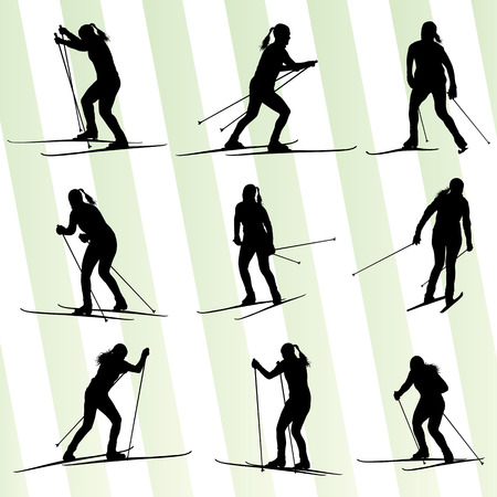 Active young woman skiing set sport silhouette vector background conceptのイラスト素材