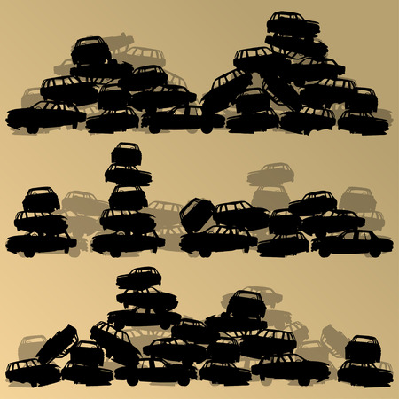 Old used automobile cars metal scrapyard graveyard landscape in industrial metal recyclable ecology concept vector background illustrationのイラスト素材