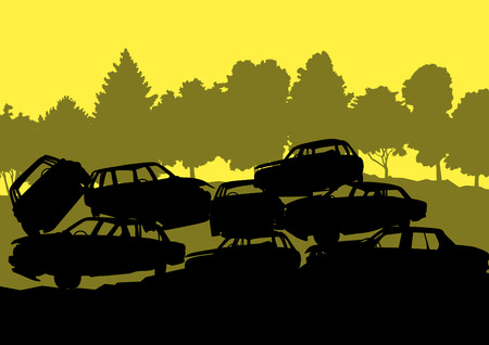 Old used automobile cars metal scrapyard graveyard landscape in industrial metal recyclable ecology concept vector background illustrationのイラスト素材