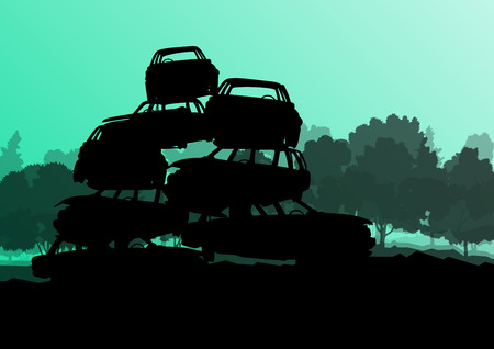 Old used automobile cars metal scrapyard graveyard landscape in industrial metal recyclable ecology concept vector background illustrationのイラスト素材