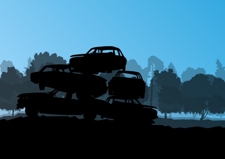 Old used automobile cars metal scrapyard graveyard landscape in industrial metal recyclable ecology concept vector background illustrationのイラスト素材