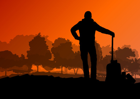 Logger woodcutter with ax in wild mountain forest nature landscape background illustration vector for posterのイラスト素材