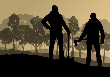 Logger woodcutter with ax in wild mountain forest nature landscape background illustration vector for posterのイラスト素材