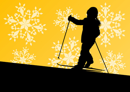 Active children skiing sport silhouettes in winter ice and snowflake abstract background illustration vectorのイラスト素材