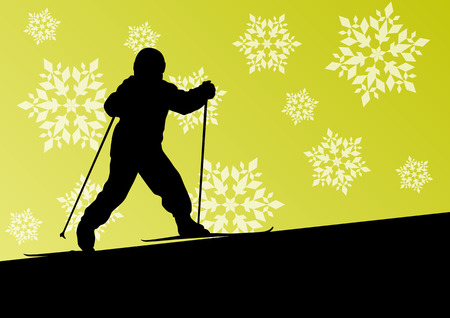 Active children skiing sport silhouettes in winter ice and snowflake abstract background illustration vectorのイラスト素材