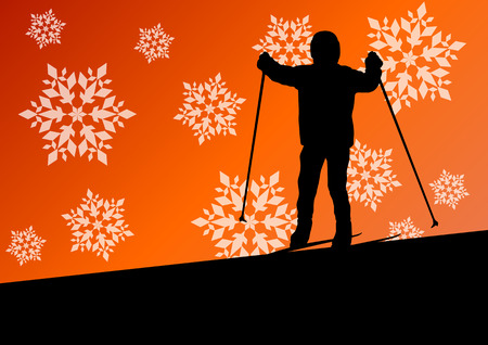 Active children skiing sport silhouettes in winter ice and snowflake abstract background illustration vectorのイラスト素材