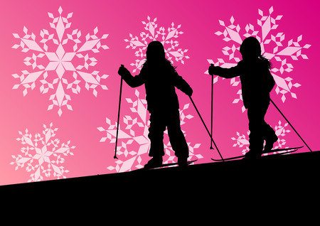 Active children skiing sport silhouettes in winter ice and snowflake abstract background illustration vectorのイラスト素材