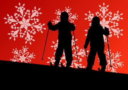 Active children skiing sport silhouettes in winter ice and snowflake abstract background illustration vectorのイラスト素材