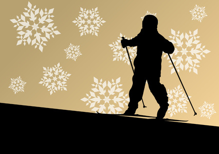 Active children skiing sport silhouettes in winter ice and snowflake abstract background illustration vectorのイラスト素材