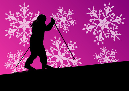 Active children skiing sport silhouettes in winter ice and snowflake abstract background illustration vectorのイラスト素材