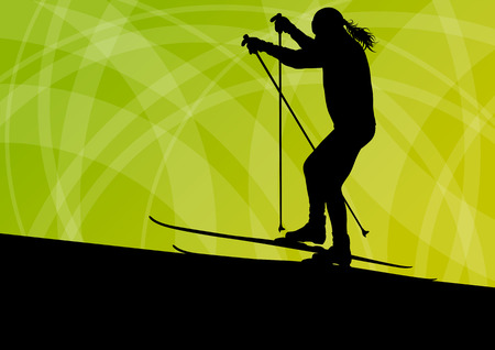 Active young woman girl skiing sport silhouette in winter ice and snow abstract background illustration vectorのイラスト素材