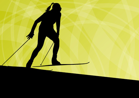 Active young woman girl skiing sport silhouette in winter ice and snow abstract background illustration vectorのイラスト素材