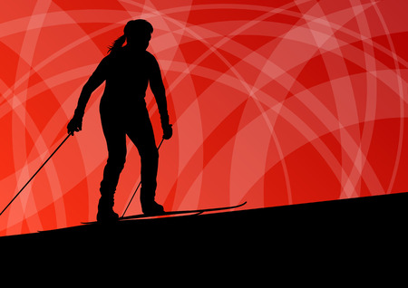 Active young woman girl skiing sport silhouette in winter ice and snow abstract background illustration vectorのイラスト素材