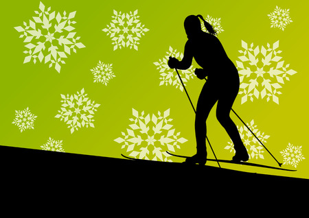 Active young woman girl skiing sport silhouette in winter ice and snowflake abstract background illustration vector for posterのイラスト素材