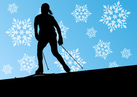 Active young woman girl skiing sport silhouette in winter ice and snowflake abstract background illustration vector for posterのイラスト素材