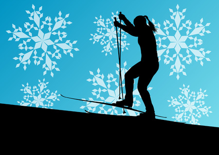 Active young woman girl skiing sport silhouette in winter ice and snowflake abstract background illustration vector for posterのイラスト素材