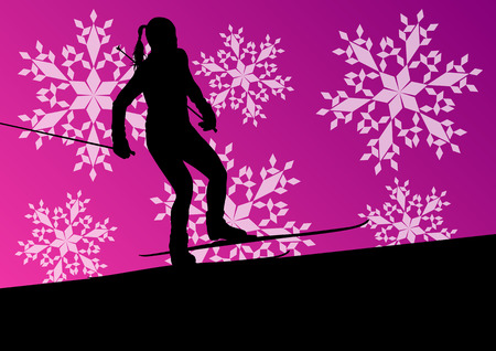 Active young woman girl skiing sport silhouette in winter ice and snowflake abstract background illustration vector for posterのイラスト素材