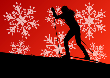 Active young woman girl skiing sport silhouette in winter ice and snowflake abstract background illustration vector for posterのイラスト素材