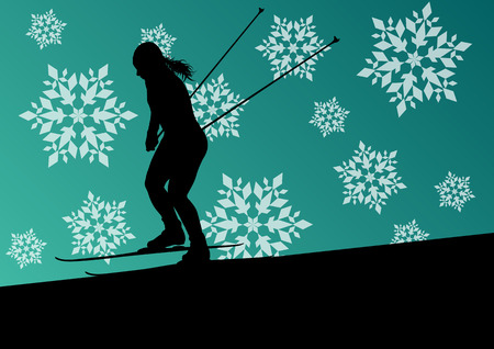 Active young woman girl skiing sport silhouette in winter ice and snowflake abstract background illustration vector for posterのイラスト素材