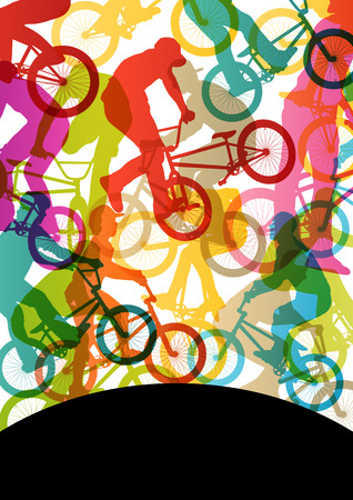 Extreme cyclists bicycle riders active children sport silhouettes vector abstract background illustrationのイラスト素材