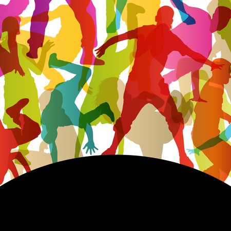 Active young men and women street break dancers silhouettes in abstract background illustration vectorのイラスト素材