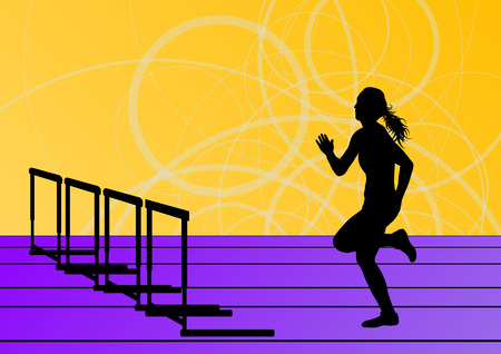 Active women girl sport athletics hurdles barrier running silhouettes illustration background vectorのイラスト素材