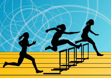 Active women girl sport athletics hurdles barrier running silhouettes illustration background vectorのイラスト素材