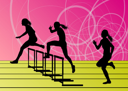 Active women girl sport athletics hurdles barrier running silhouettes illustration background vectorのイラスト素材