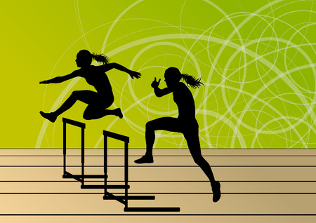 Active women girl sport athletics hurdles barrier running silhouettes illustration background vectorのイラスト素材